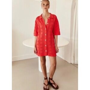 Runway Scout Red Crochet Knit Button Down Mini Dress Polo Collar Size 12